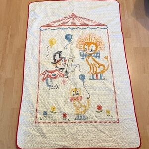 Vintage Circus Animal Baby Bedding Quilt with Red Trim